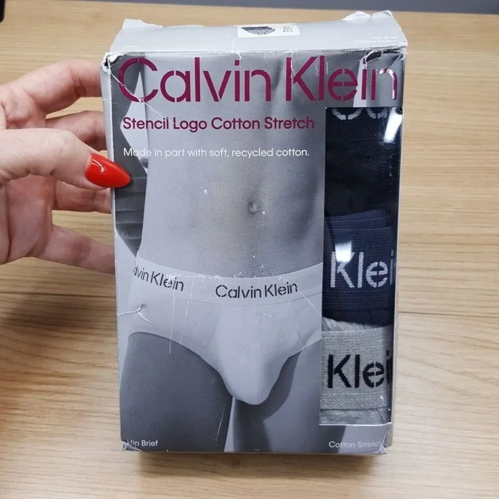 CALVIN KLEIN Hip Briefs Mens XL Black Gray Blue 3-Pack Cotton Stencil Logo